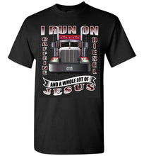 Load image into Gallery viewer, Caffeine Diesel And Jesus Christian Trucker T Shirt